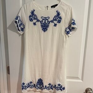 Lulu's White Shift Mini Dress with Blue Embroidery